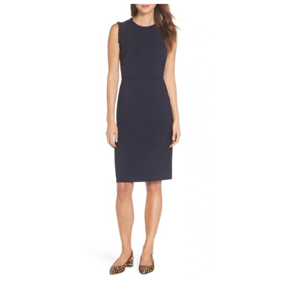 SOLD ❌ J. Crew Women’s Navy Blue Ruffle Trim Stretch Sleeveless Shift Dress 8 - Picture 2 of 12